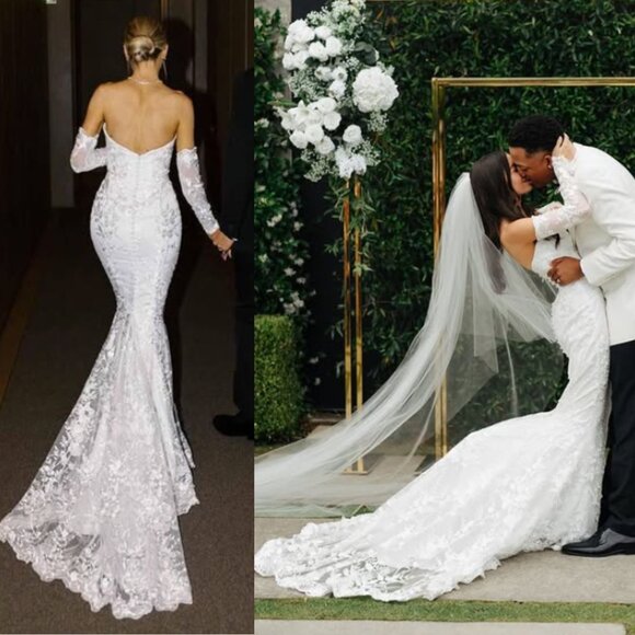 House of CB Isabelle White Lace Off Shoulder Long‎ Sleeve Wedding Dress Gown M - Picture 13 of 15